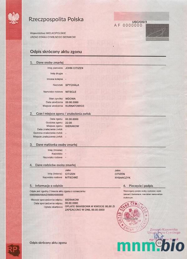 Poland śmierć certyfikat